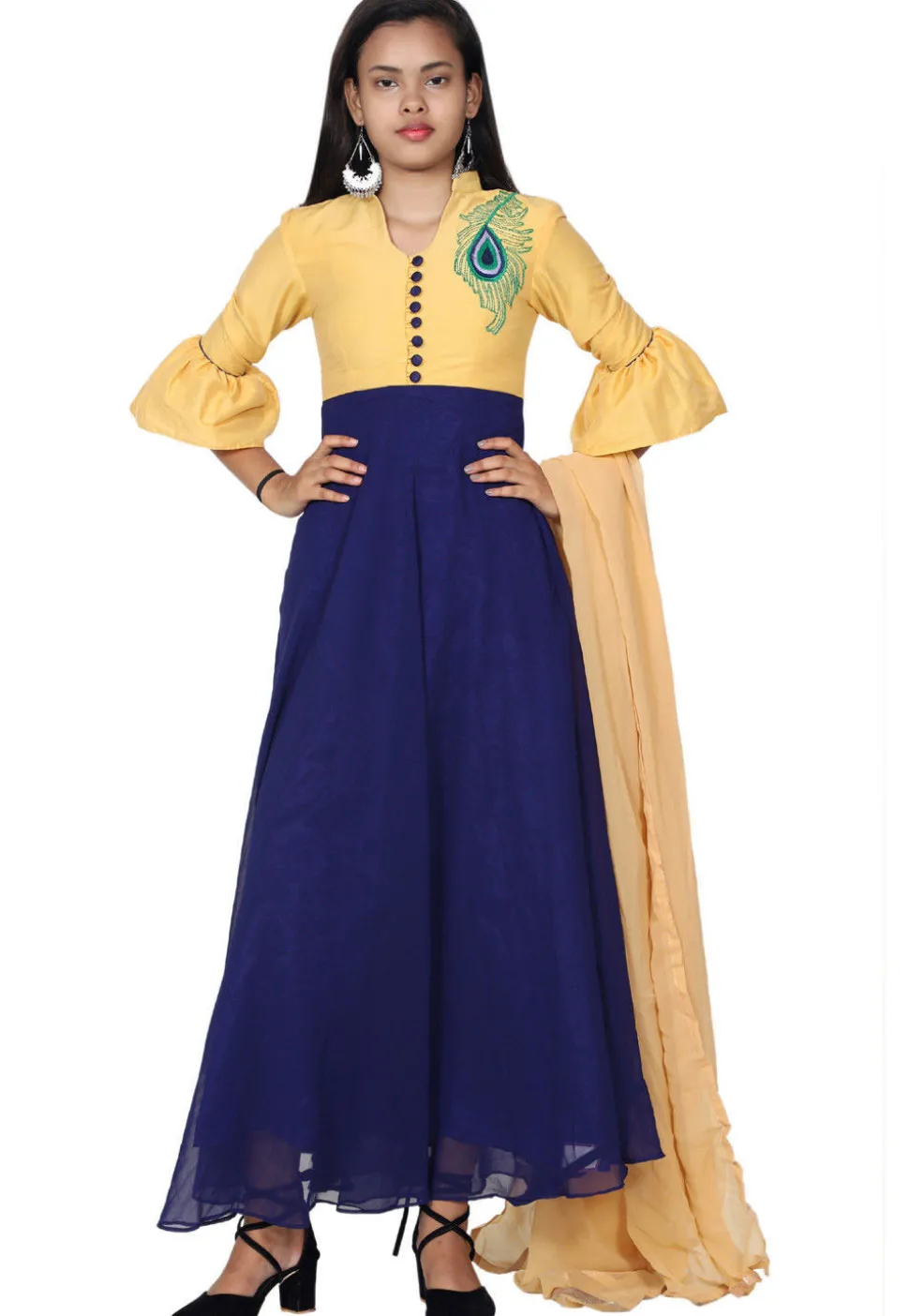 Embroidered Georgette Abaya Style Suit in Navy Blue and Yellow
