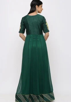 Embroidered Georgette Abaya Style Suit in Dark Green
