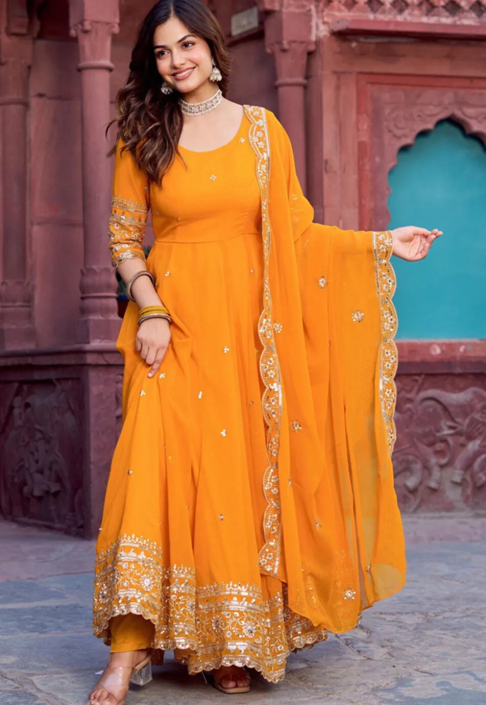 Embroidered Georgette Abaya Style Suit in Orange