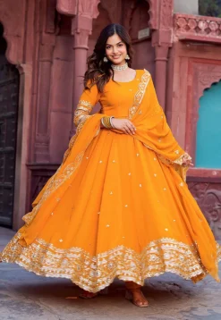Embroidered Georgette Abaya Style Suit in Orange