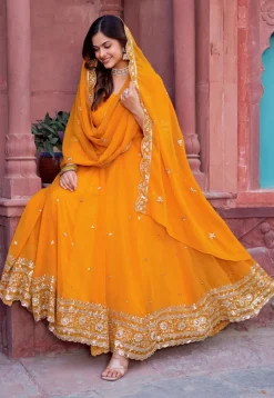 Embroidered Georgette Abaya Style Suit in Orange