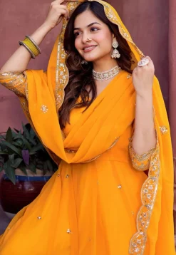 Embroidered Georgette Abaya Style Suit in Orange