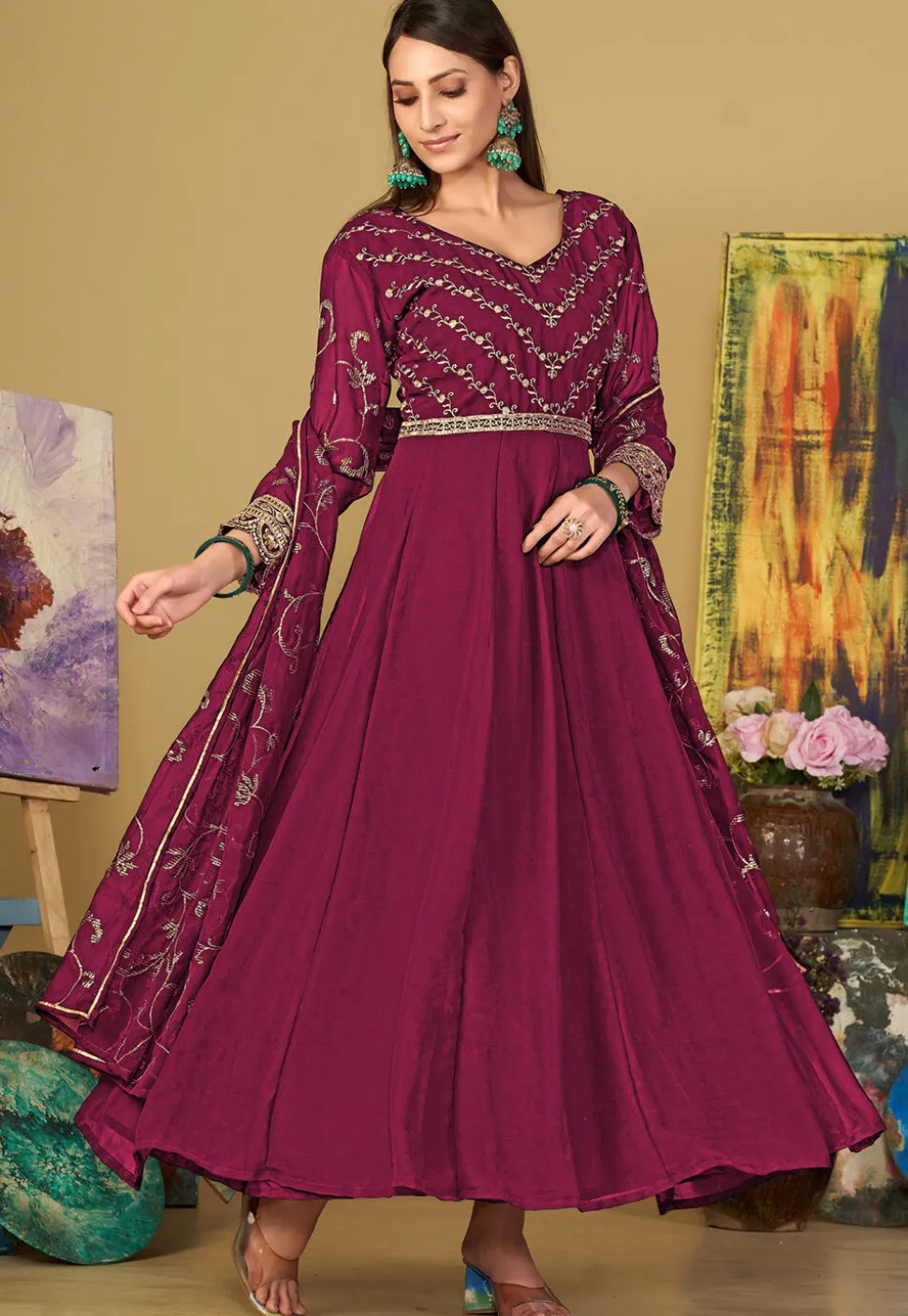 Embroidered Georgette Abaya Style Suit in Dark Pink