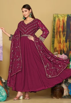 Embroidered Georgette Abaya Style Suit in Dark Pink