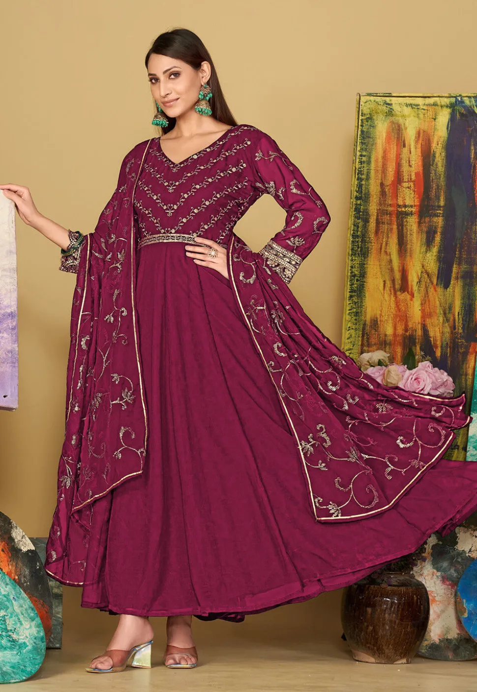 Embroidered Georgette Abaya Style Suit in Dark Pink