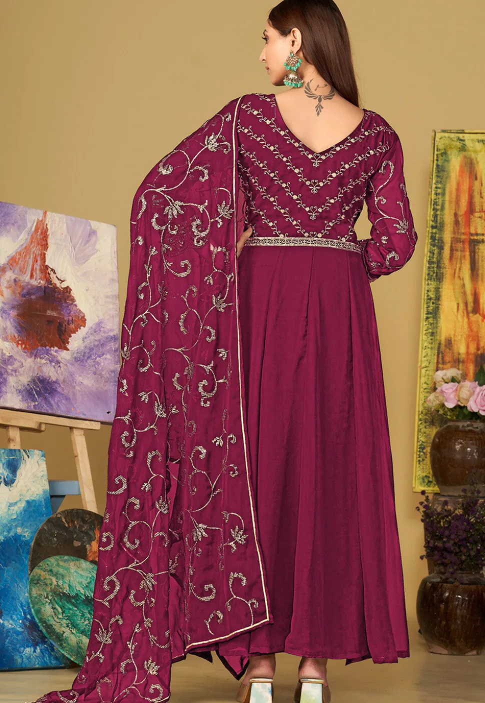 Embroidered Georgette Abaya Style Suit in Dark Pink