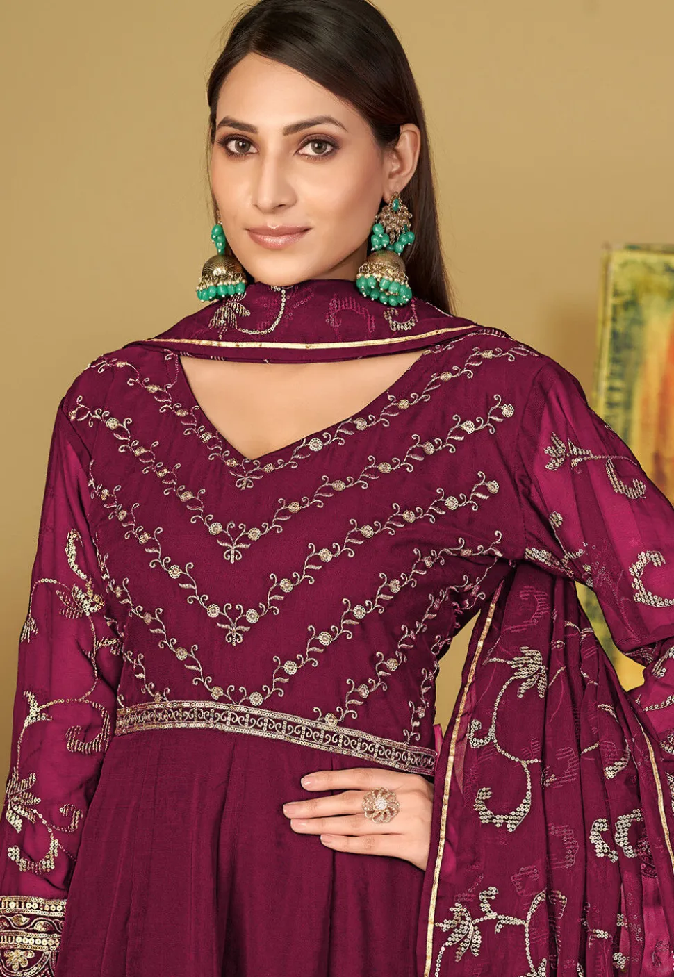 Embroidered Georgette Abaya Style Suit in Dark Pink