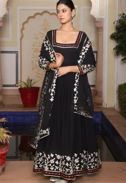 Embroidered Georgette Abaya Style Suit in Black