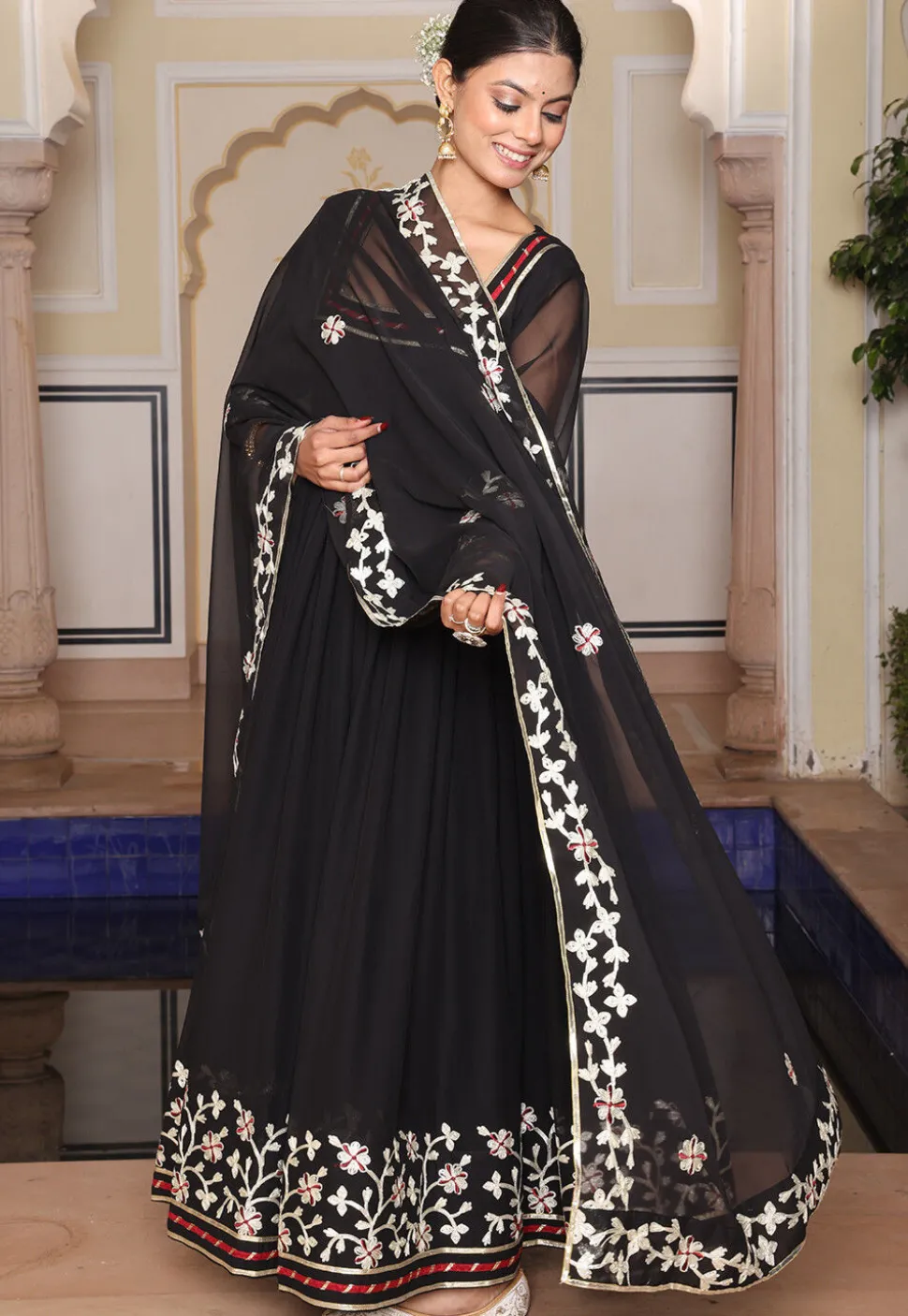 Embroidered Georgette Abaya Style Suit in Black