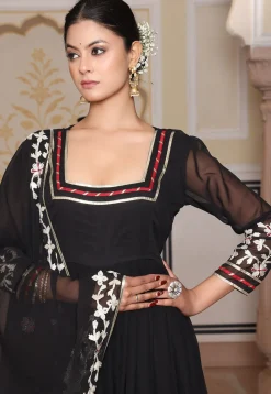 Embroidered Georgette Abaya Style Suit in Black
