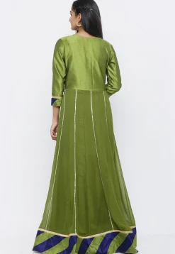 Embroidered Georgette Abaya Style Suit in Olive Green