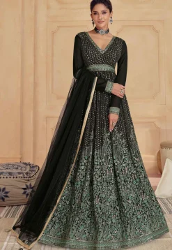Embroidered Georgette Abaya Style Suit in Black