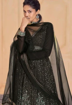 Embroidered Georgette Abaya Style Suit in Black