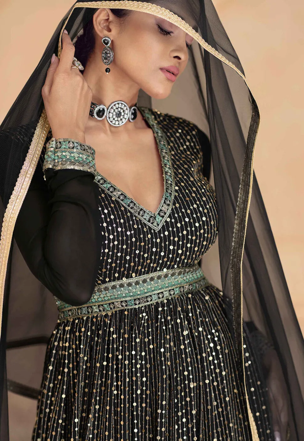 Embroidered Georgette Abaya Style Suit in Black