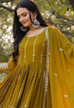 Embroidered Georgette Abaya Style Suit in Mustard