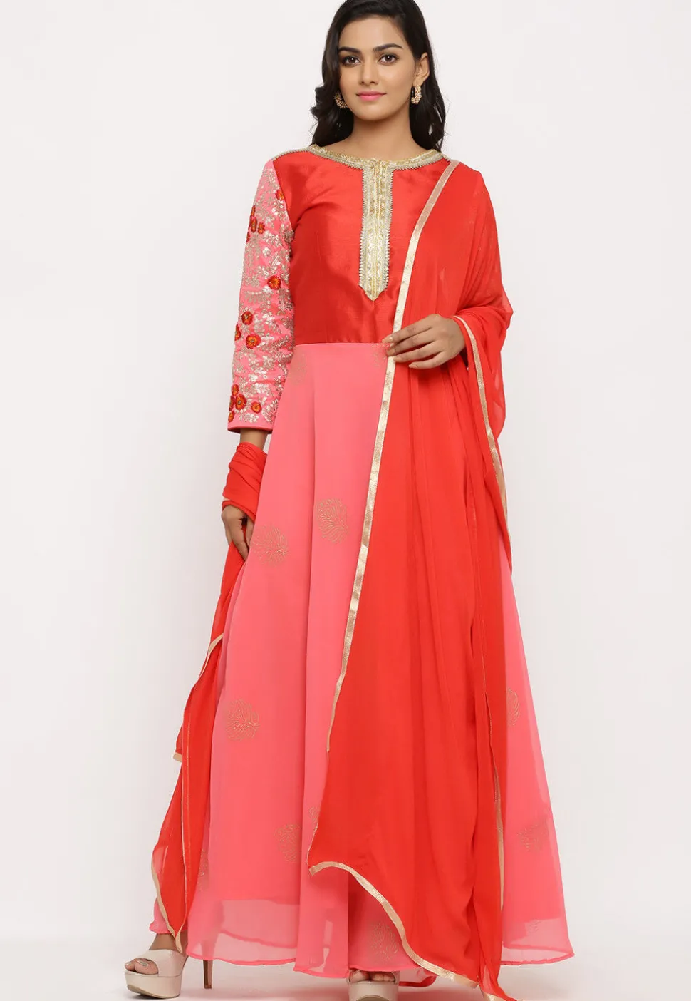 Embroidered Georgette Abaya Style Suit in Peach and Red