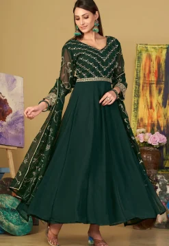 Embroidered Georgette Abaya Style Suit in Dark Green