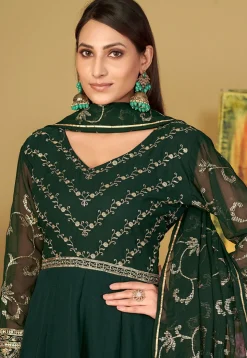 Embroidered Georgette Abaya Style Suit in Dark Green