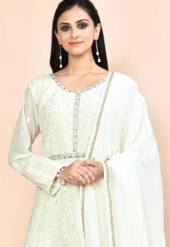 Embroidered Georgette Abaya Style Suit in Off White