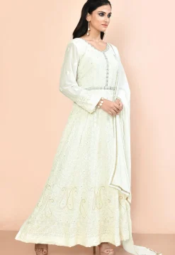 Embroidered Georgette Abaya Style Suit in Off White