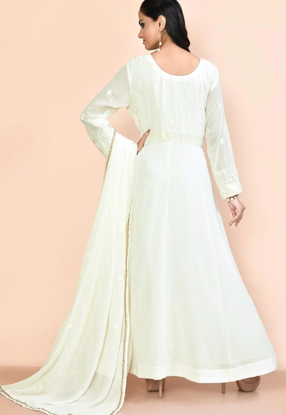 Embroidered Georgette Abaya Style Suit in Off White