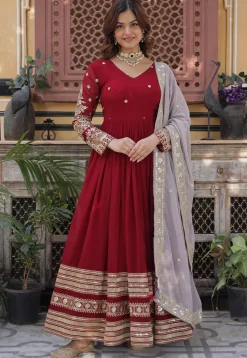 Embroidered Georgette Abaya Style Suit in Maroon