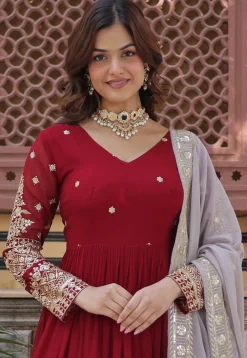 Embroidered Georgette Abaya Style Suit in Maroon