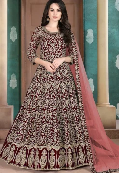Embroidered Georgette Abaya Style Suit in Maroon