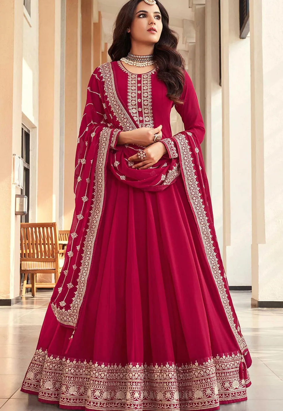Embroidered Georgette Abaya Style Suit in Fuchsia