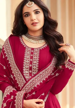 Embroidered Georgette Abaya Style Suit in Fuchsia