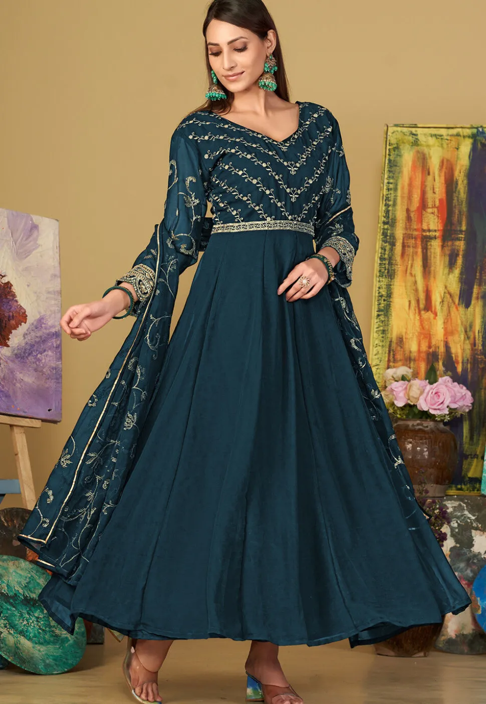 Embroidered Georgette Abaya Style Suit in Teal Blue