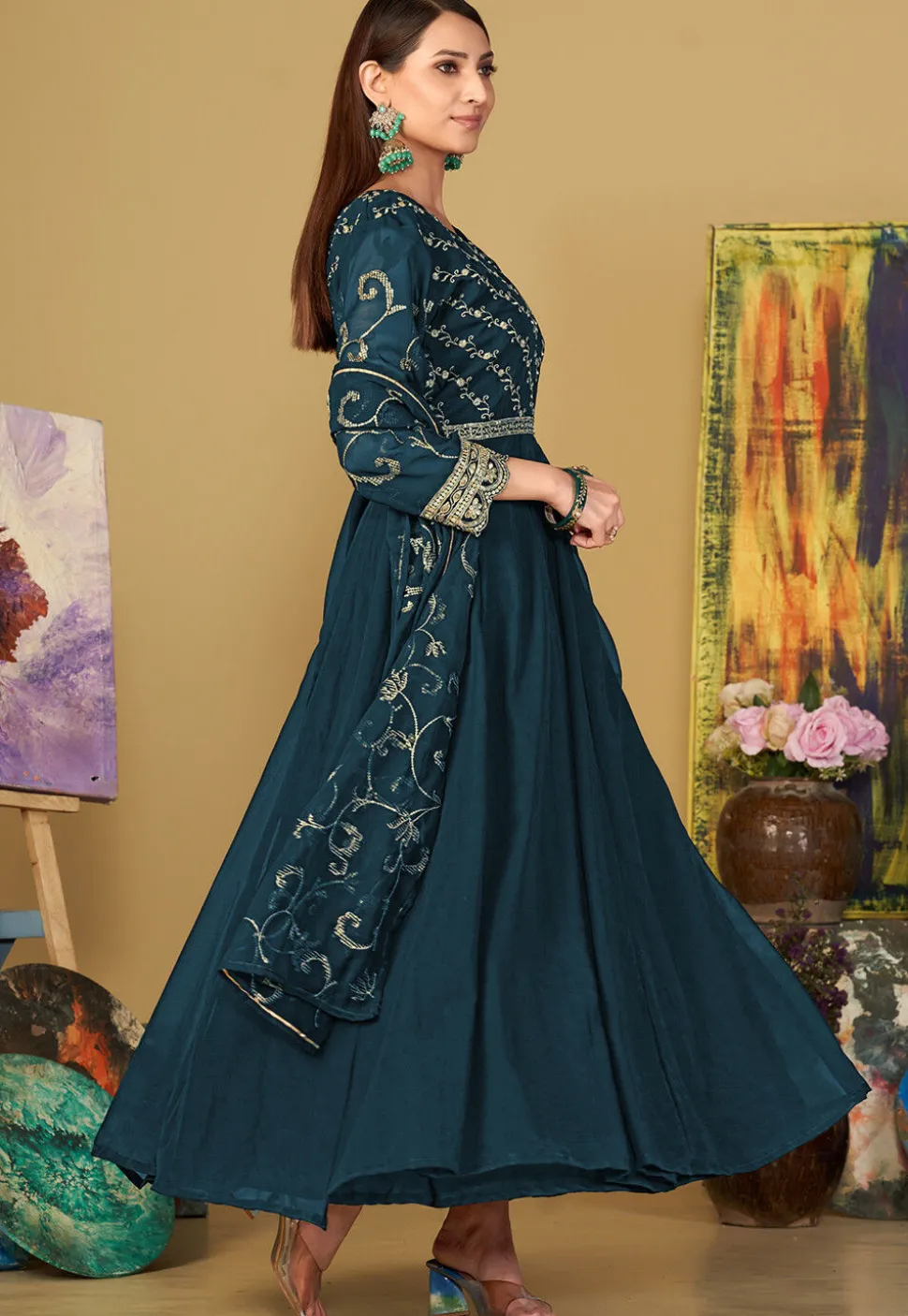 Embroidered Georgette Abaya Style Suit in Teal Blue