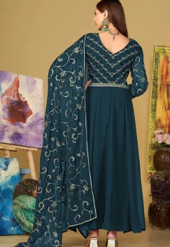 Embroidered Georgette Abaya Style Suit in Teal Blue