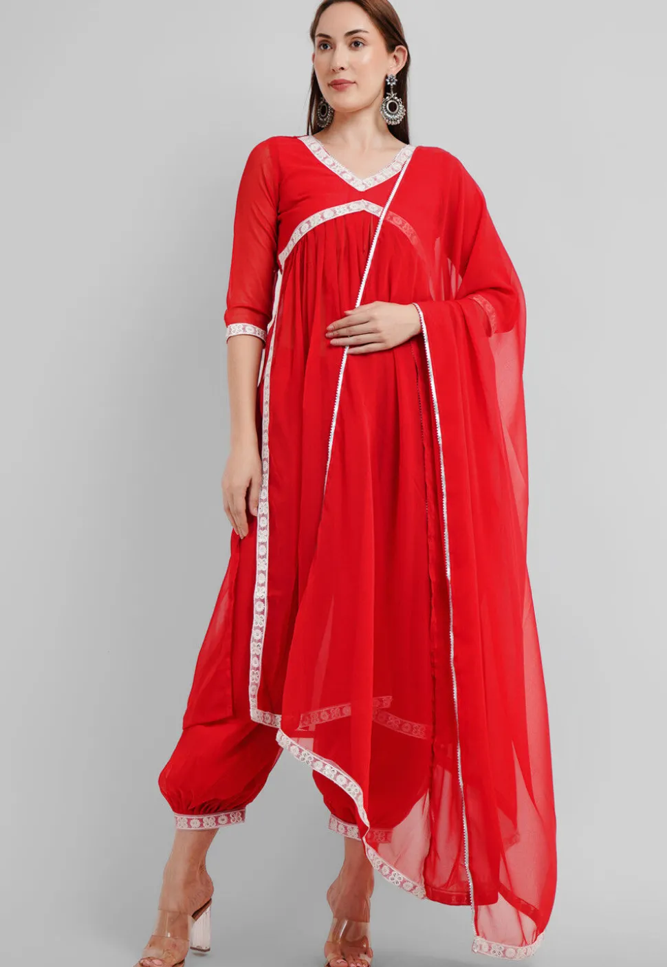Embroidered Georgette Alia Cut Punjabi Suit in Red