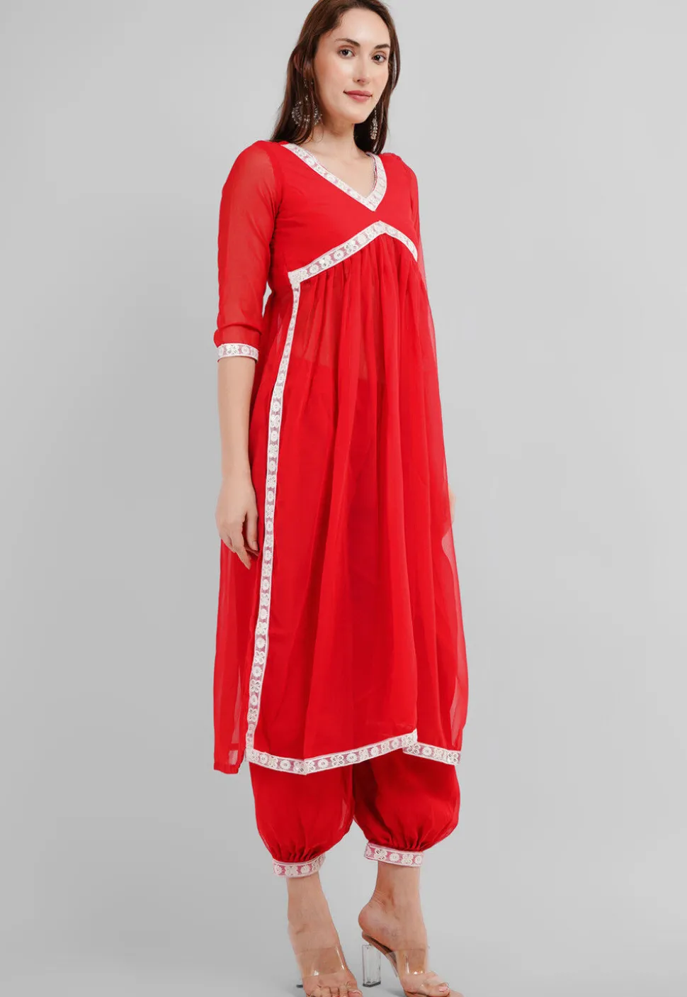 Embroidered Georgette Alia Cut Punjabi Suit in Red