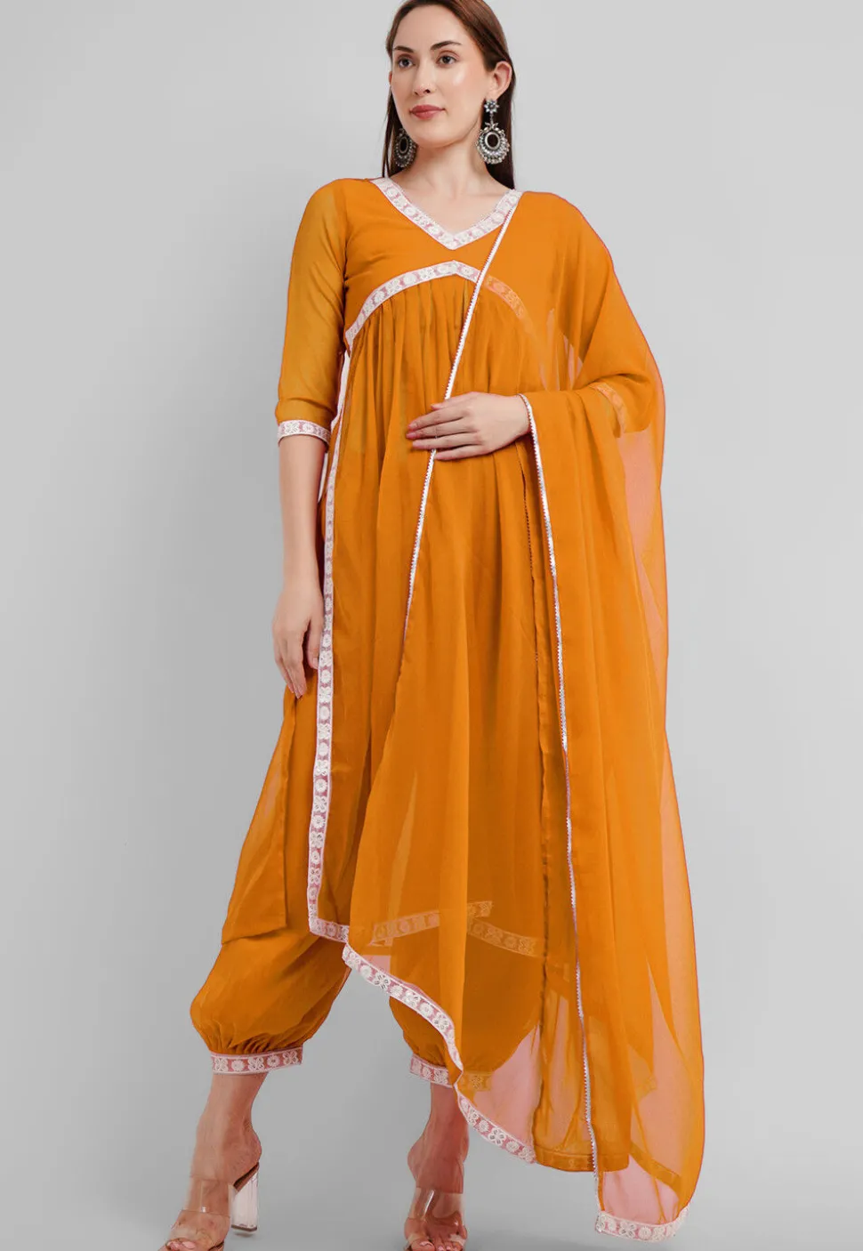 Embroidered Georgette Alia Cut Punjabi Suit in Mustard