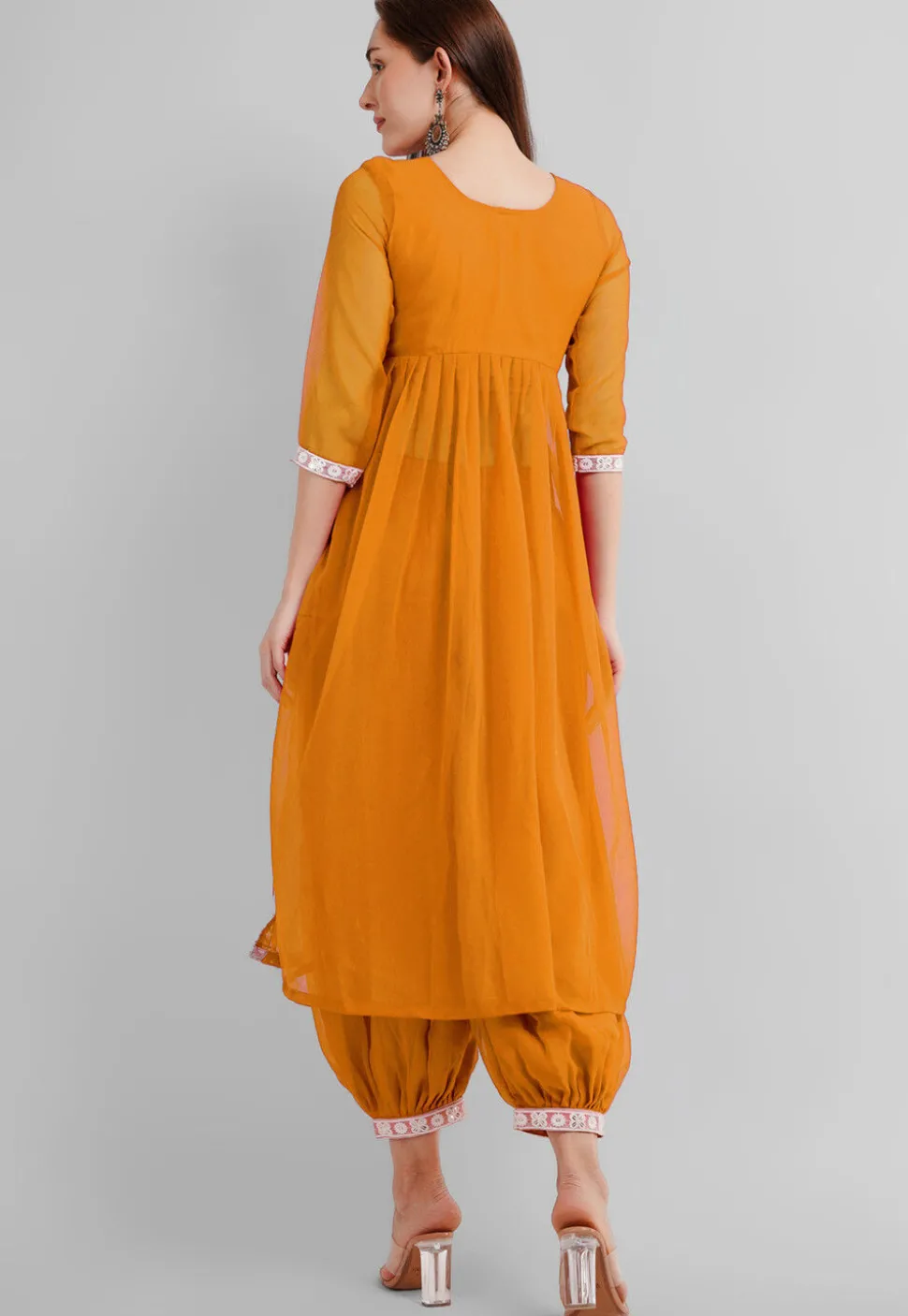 Embroidered Georgette Alia Cut Punjabi Suit in Mustard