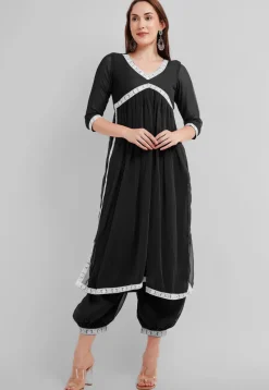 Embroidered Georgette Alia Cut Punjabi Suit in Black