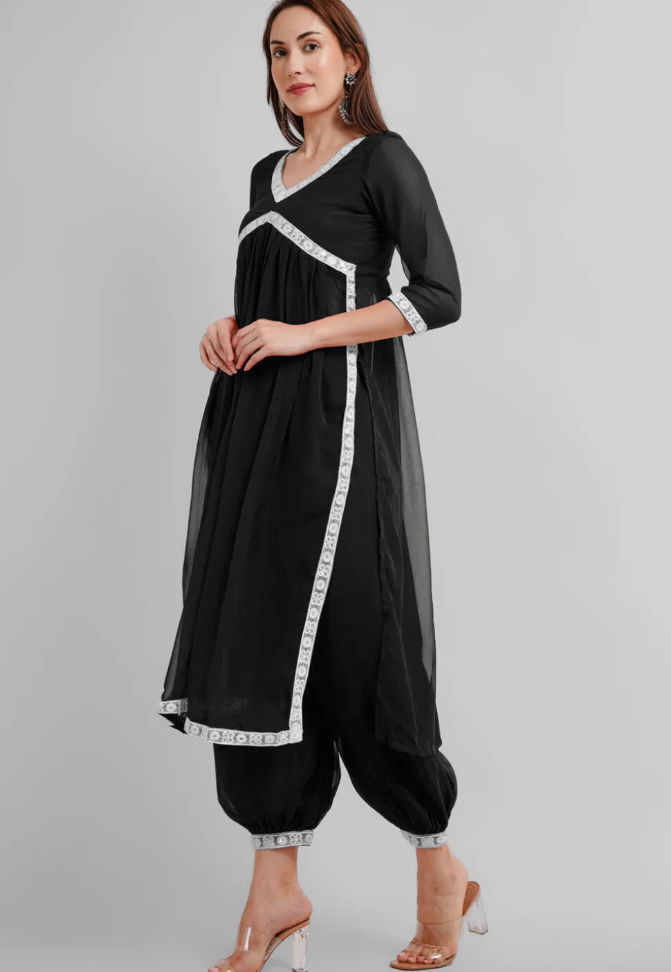 Embroidered Georgette Alia Cut Punjabi Suit in Black