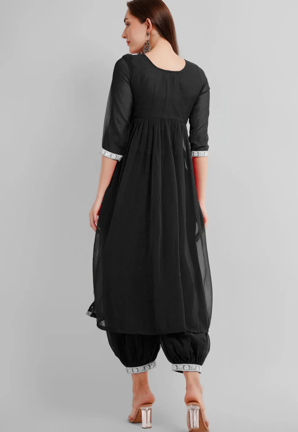 Embroidered Georgette Alia Cut Punjabi Suit in Black