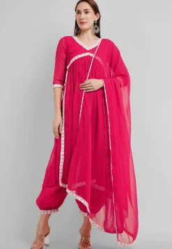 Embroidered Georgette Alia Cut Punjabi Suit in Neon Fuchsia