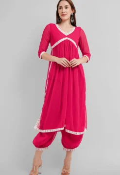 Embroidered Georgette Alia Cut Punjabi Suit in Neon Fuchsia