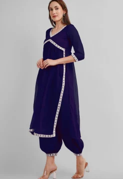 Embroidered Georgette Alia Cut Punjabi Suit in Navy Blue