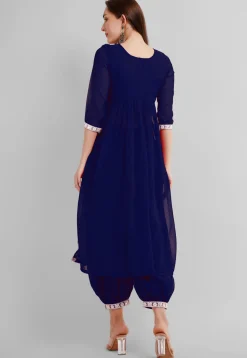 Embroidered Georgette Alia Cut Punjabi Suit in Navy Blue