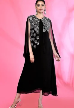 Embroidered Georgette Aline Dress in Black