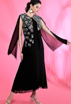 Embroidered Georgette Aline Dress in Black