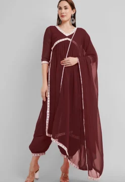 Embroidered Georgette Alia Cut Punjabi Suit in Dark Brown
