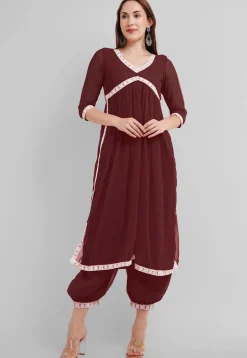 Embroidered Georgette Alia Cut Punjabi Suit in Dark Brown