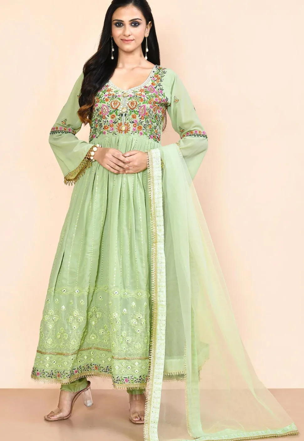 Embroidered Georgette Aline Suit in Green