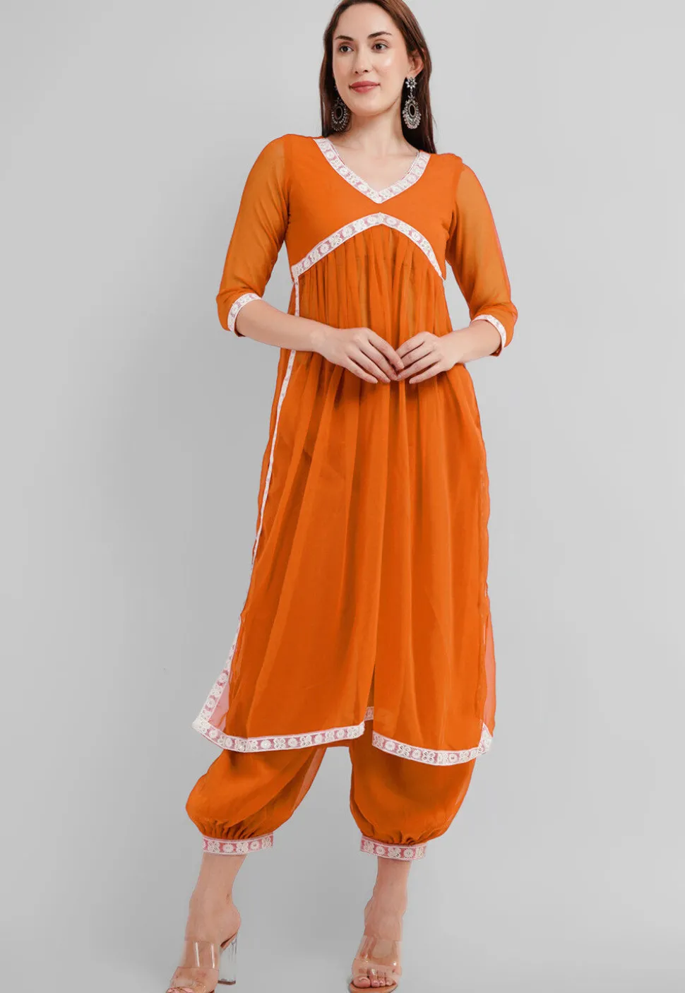Embroidered Georgette Alia Cut Punjabi Suit in Orange